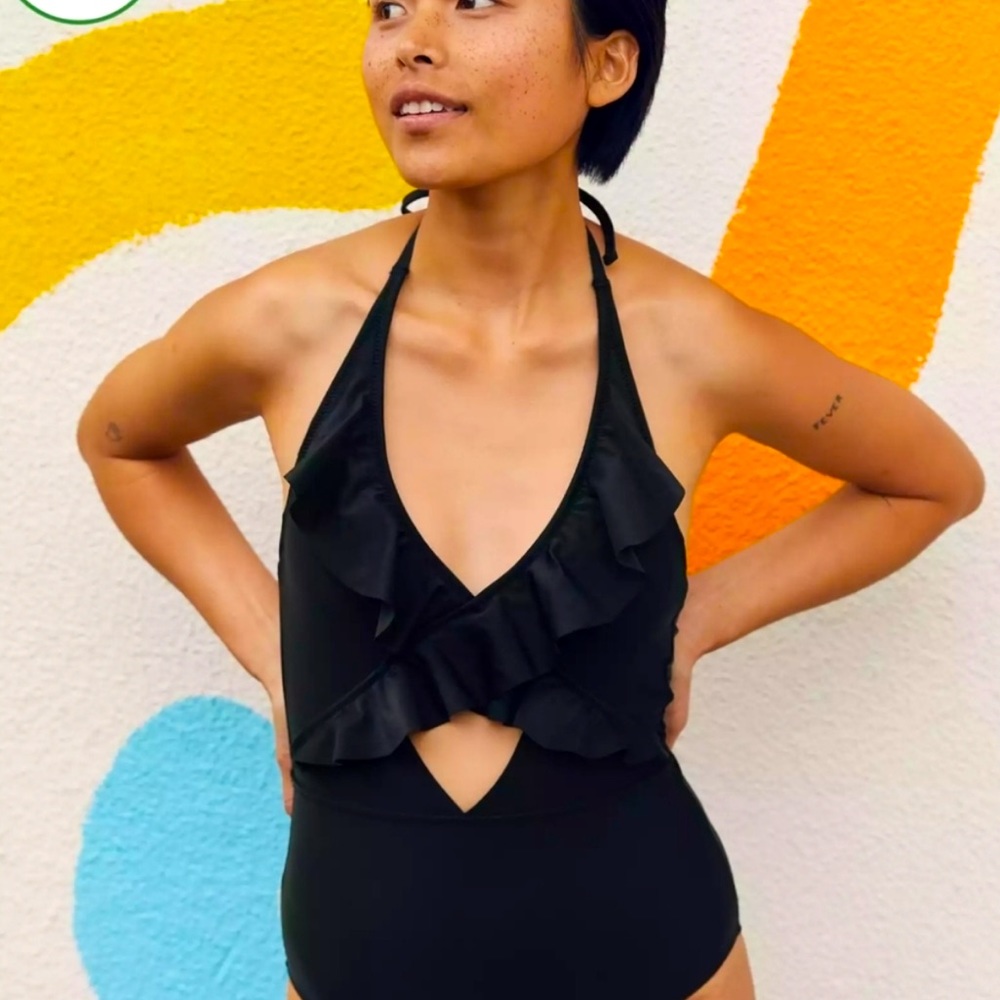 Aerie black halter ruffle one piece swim suit sz med-long